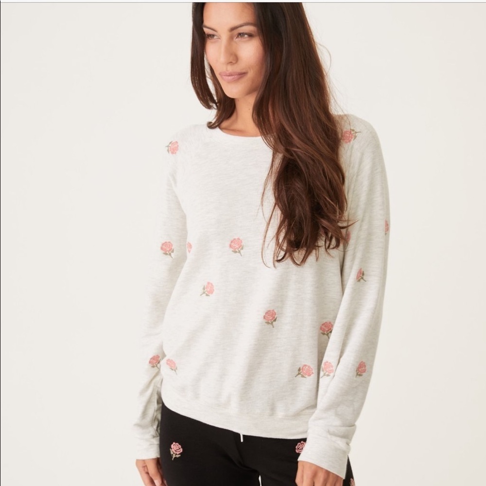 Free People x Monrow Rose Embroidered Sweatshirt NWT M Gray Floral Cozy Sweater
